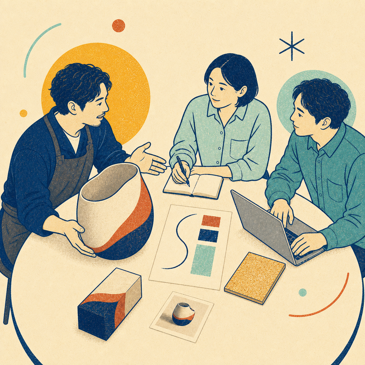 工房・伝統工芸士へのヒアリングで、一人が手書きメモを取り、もう一人がノートPCで記録しながらブランドと届け方を整理する様子